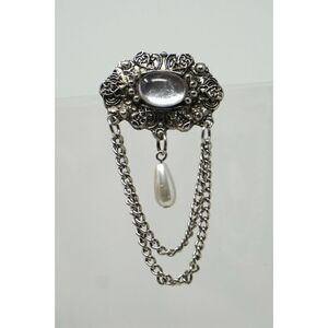 Vintage Silver Tone Victorian Chain Brooch 80s - 90s style Clear Cabochon Center